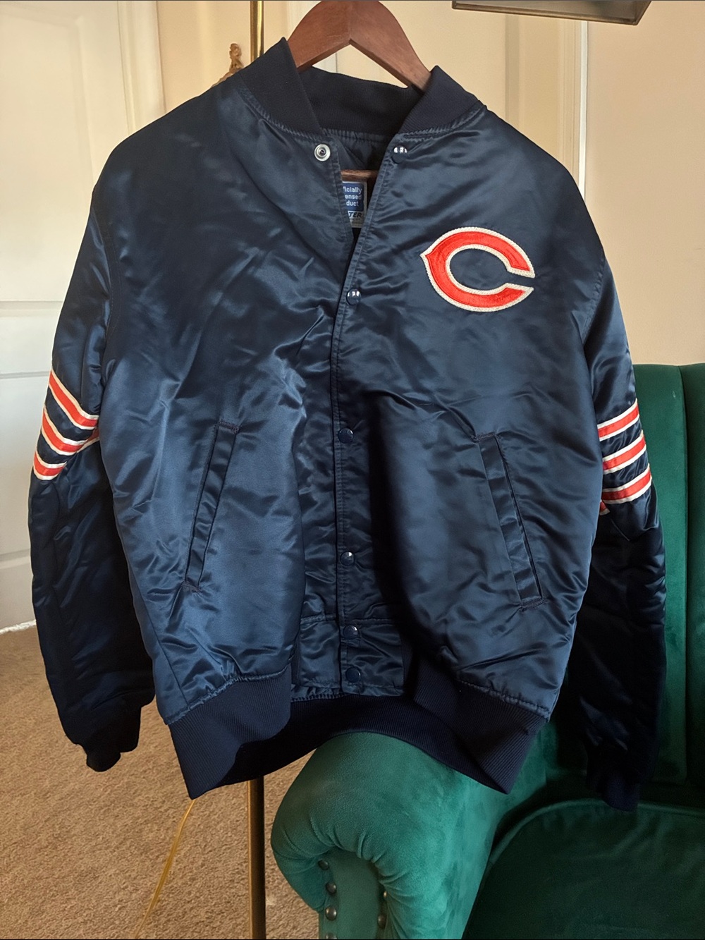 STARTER Navy Blue Bomber Jacket with Orange and White Accents